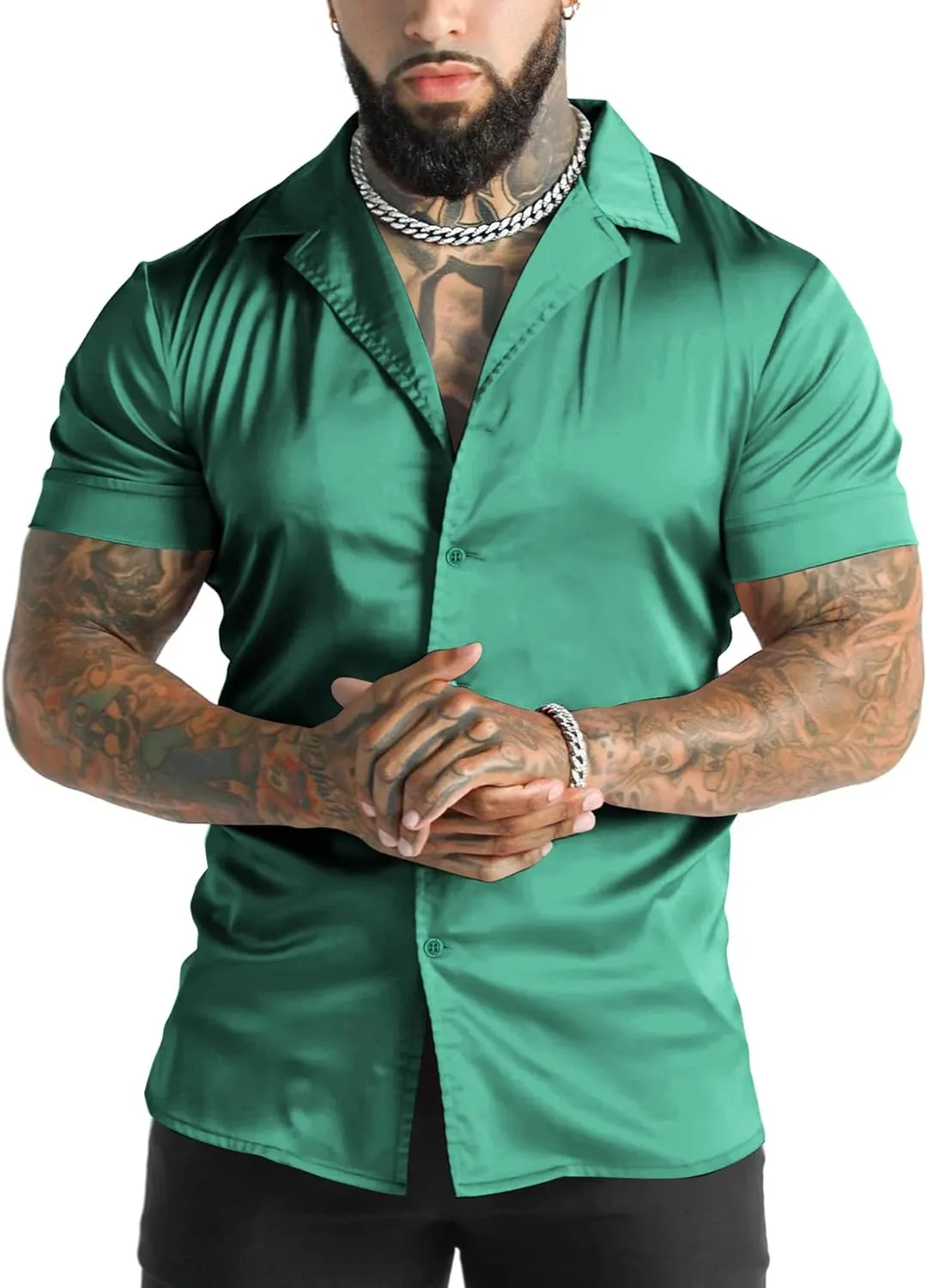URRU Men's Luxury Shiny Silk Like Satin Dress Shirt Cuban Collar Short Sleeve Casual Slim Fit Muscle Button Up Shirts