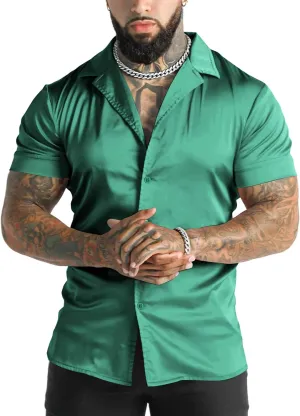 URRU Men's Luxury Shiny Silk Like Satin Dress Shirt Cuban Collar Short Sleeve Casual Slim Fit Muscle Button Up Shirts