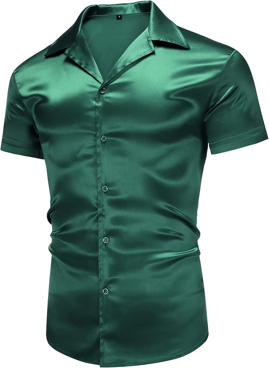 URRU Men's Luxury Shiny Silk Like Satin Dress Shirt Cuban Collar Short Sleeve Casual Slim Fit Muscle Button Up Shirts