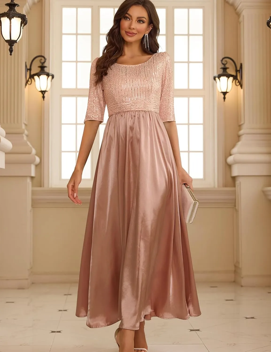 Wedding Guest Dresses Women's Cocktail Long Length Sequin Mid Sleeve Formal Gowns Elegant Party Dresses