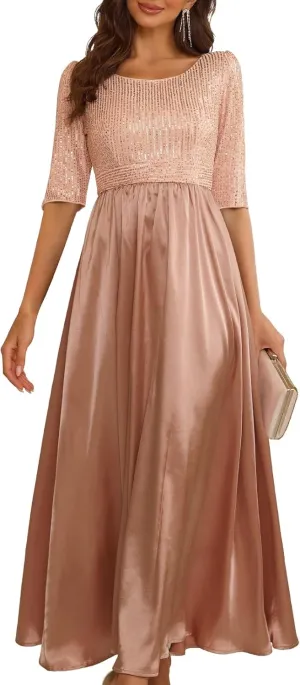 Wedding Guest Dresses Women's Cocktail Long Length Sequin Mid Sleeve Formal Gowns Elegant Party Dresses