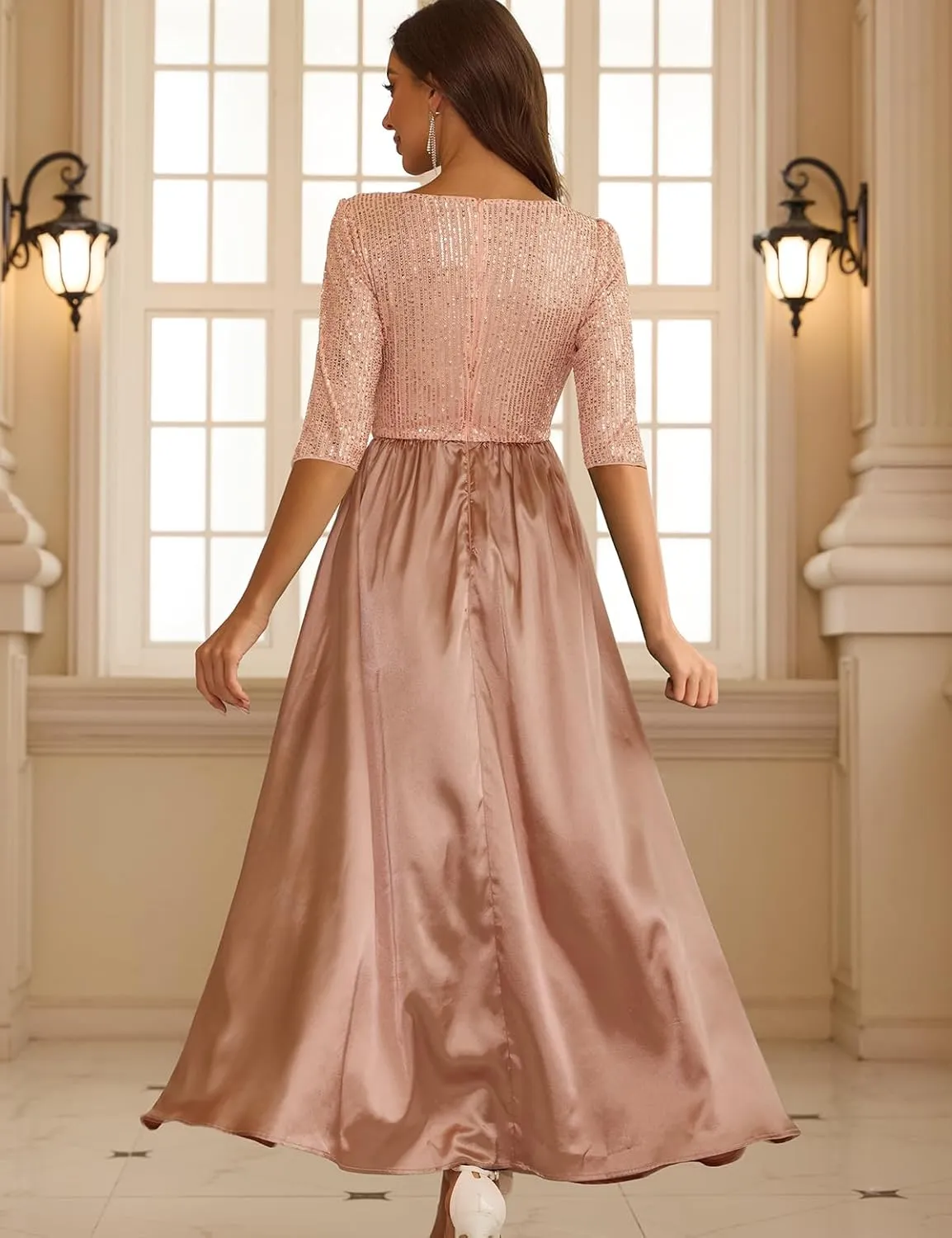 Wedding Guest Dresses Women's Cocktail Long Length Sequin Mid Sleeve Formal Gowns Elegant Party Dresses