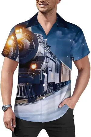 Winter Christmas Snow Night Railway Train_77613684 Print Cuban Collar Shirt Classic Design for Comfort and Style