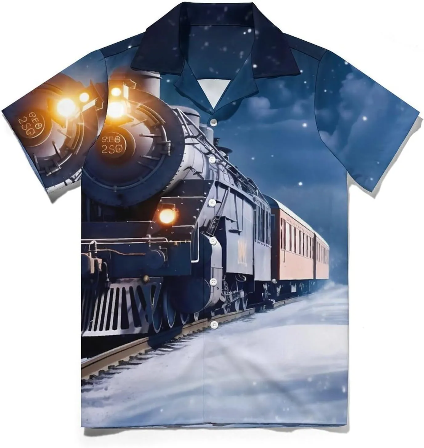 Winter Christmas Snow Night Railway Train_77613684 Print Cuban Collar Shirt Classic Design for Comfort and Style