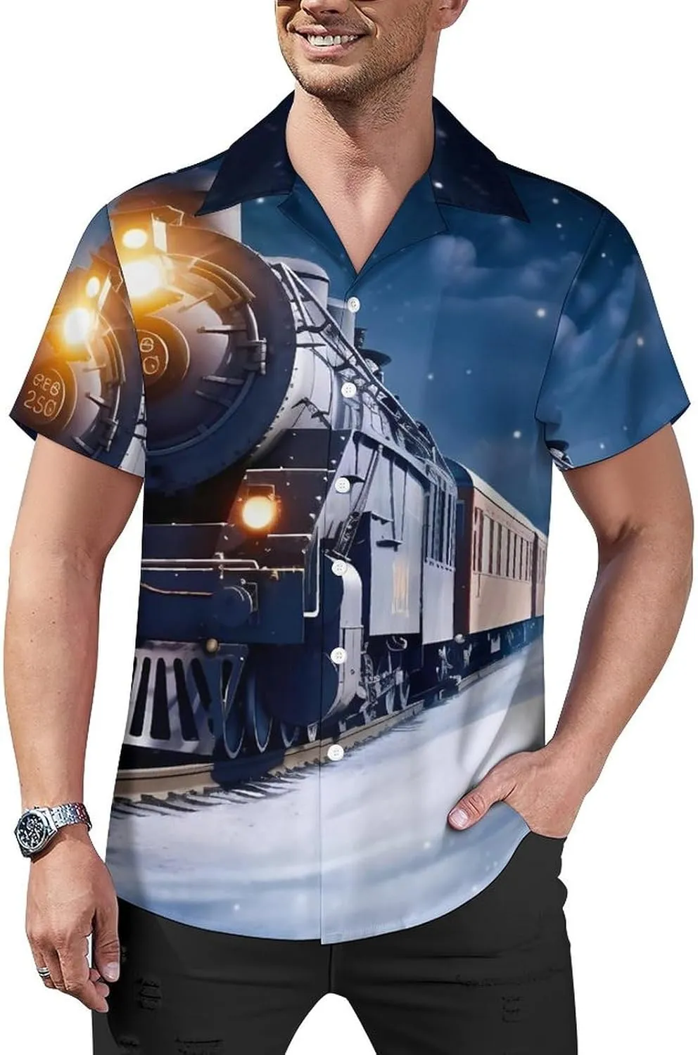 Winter Christmas Snow Night Railway Train_77613684 Print Cuban Collar Shirt Classic Design for Comfort and Style