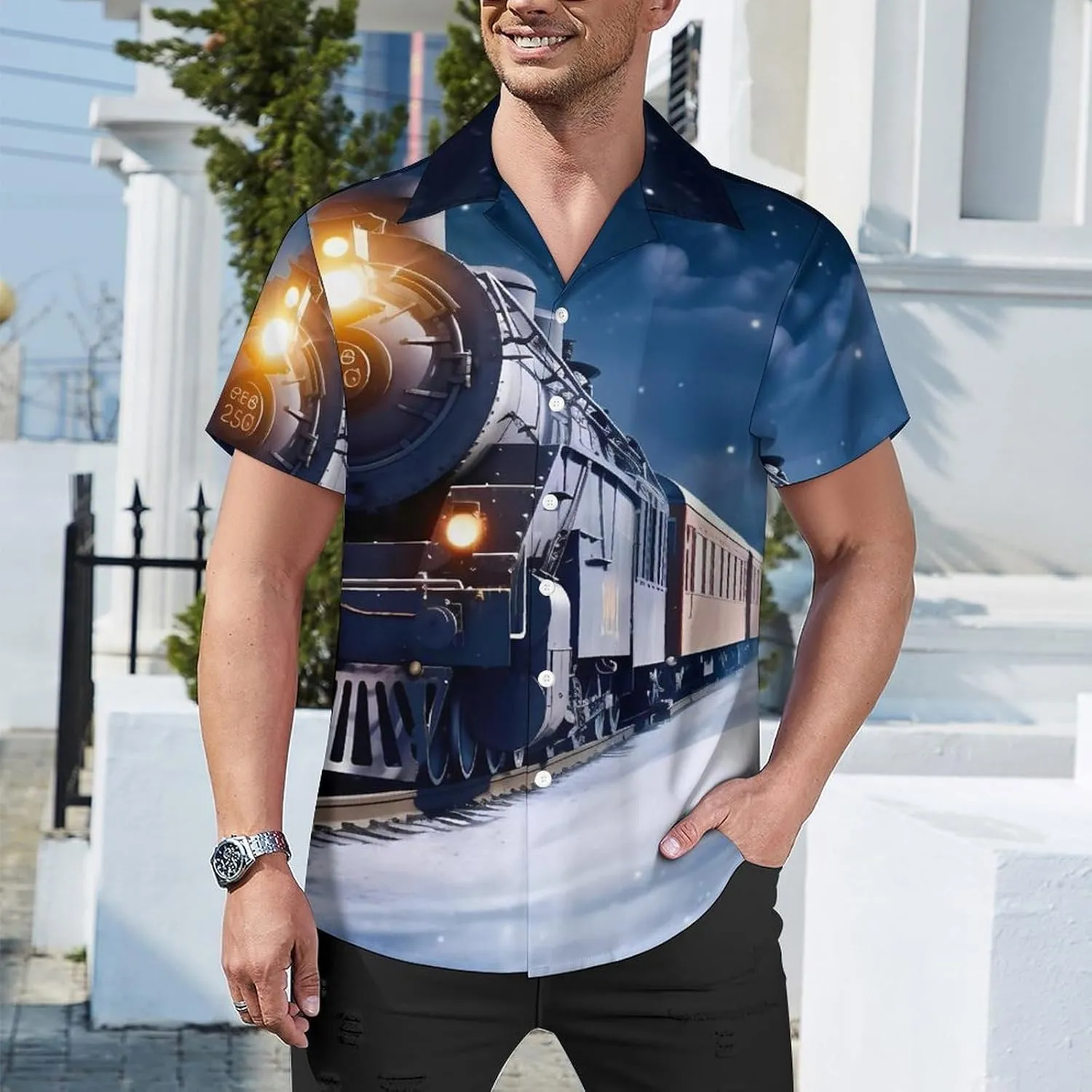 Winter Christmas Snow Night Railway Train_77613684 Print Cuban Collar Shirt Classic Design for Comfort and Style