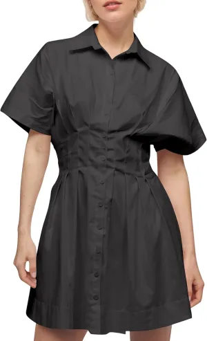 Women Button Front Pleated Shirt Dresses Summer Casual Short Sleeve Pleated Blouse Mini Dress
