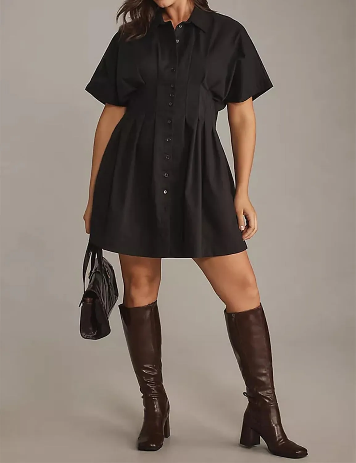 Women Button Front Pleated Shirt Dresses Summer Casual Short Sleeve Pleated Blouse Mini Dress