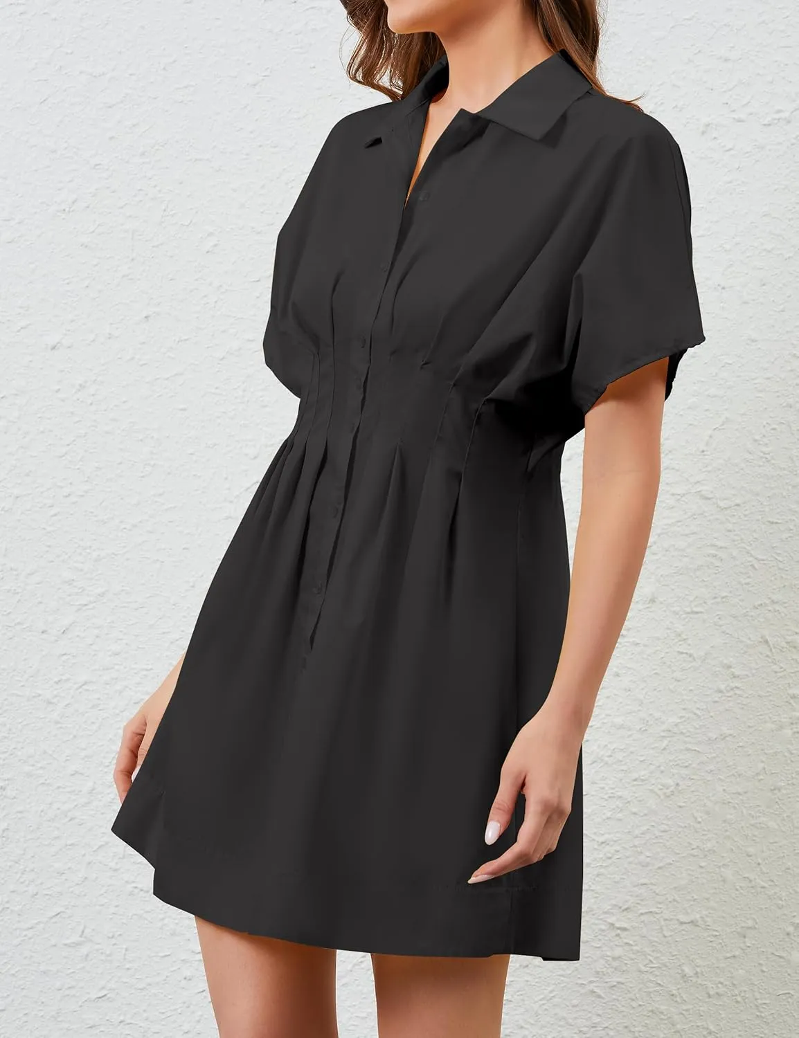 Women Button Front Pleated Shirt Dresses Summer Casual Short Sleeve Pleated Blouse Mini Dress