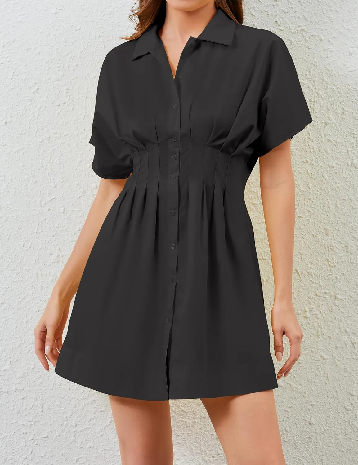 Women Button Front Pleated Shirt Dresses Summer Casual Short Sleeve Pleated Blouse Mini Dress