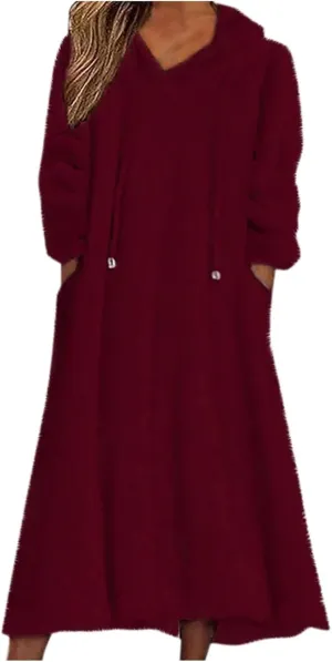 Women Fuzzy Fleece Hoodie Night Dress Casual Long Sleeve Hooded House Coat Sleepwear Flannel Nightgowns with Pockets