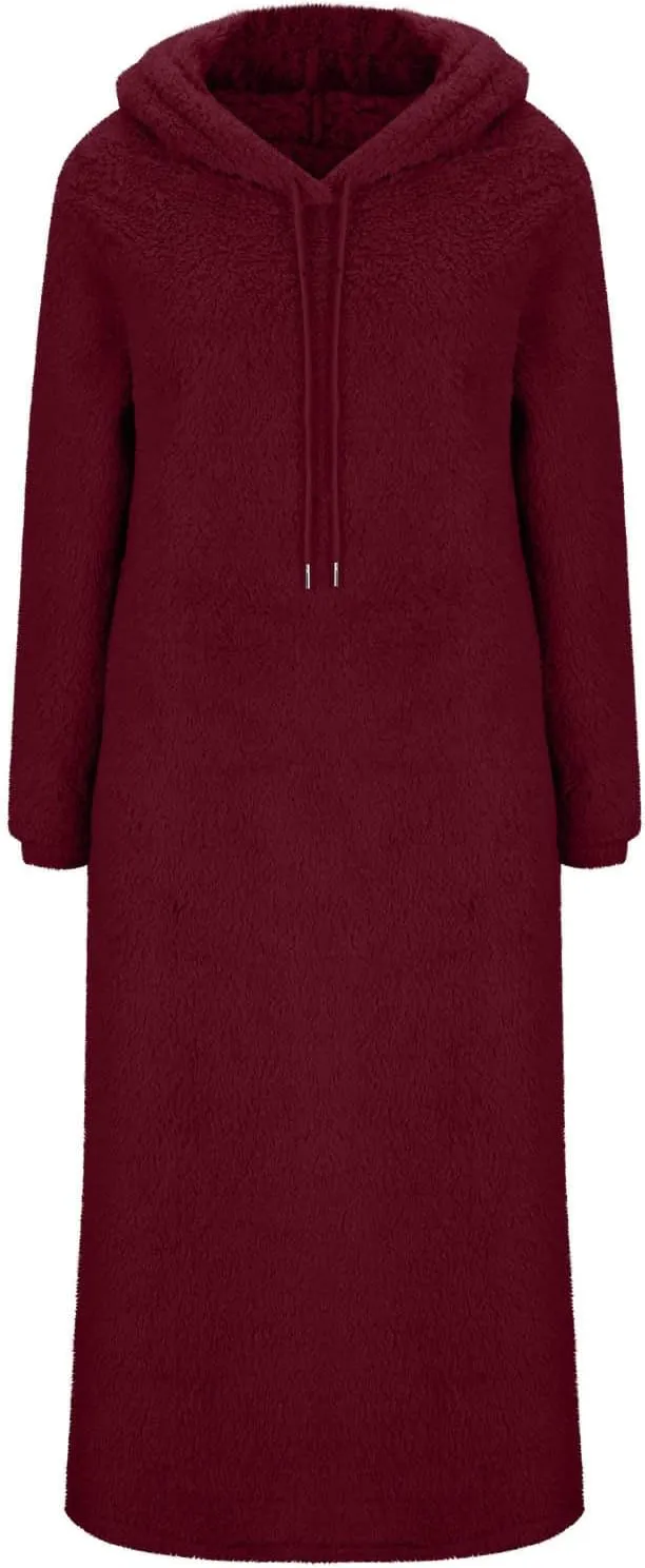 Women Fuzzy Fleece Hoodie Night Dress Casual Long Sleeve Hooded House Coat Sleepwear Flannel Nightgowns with Pockets