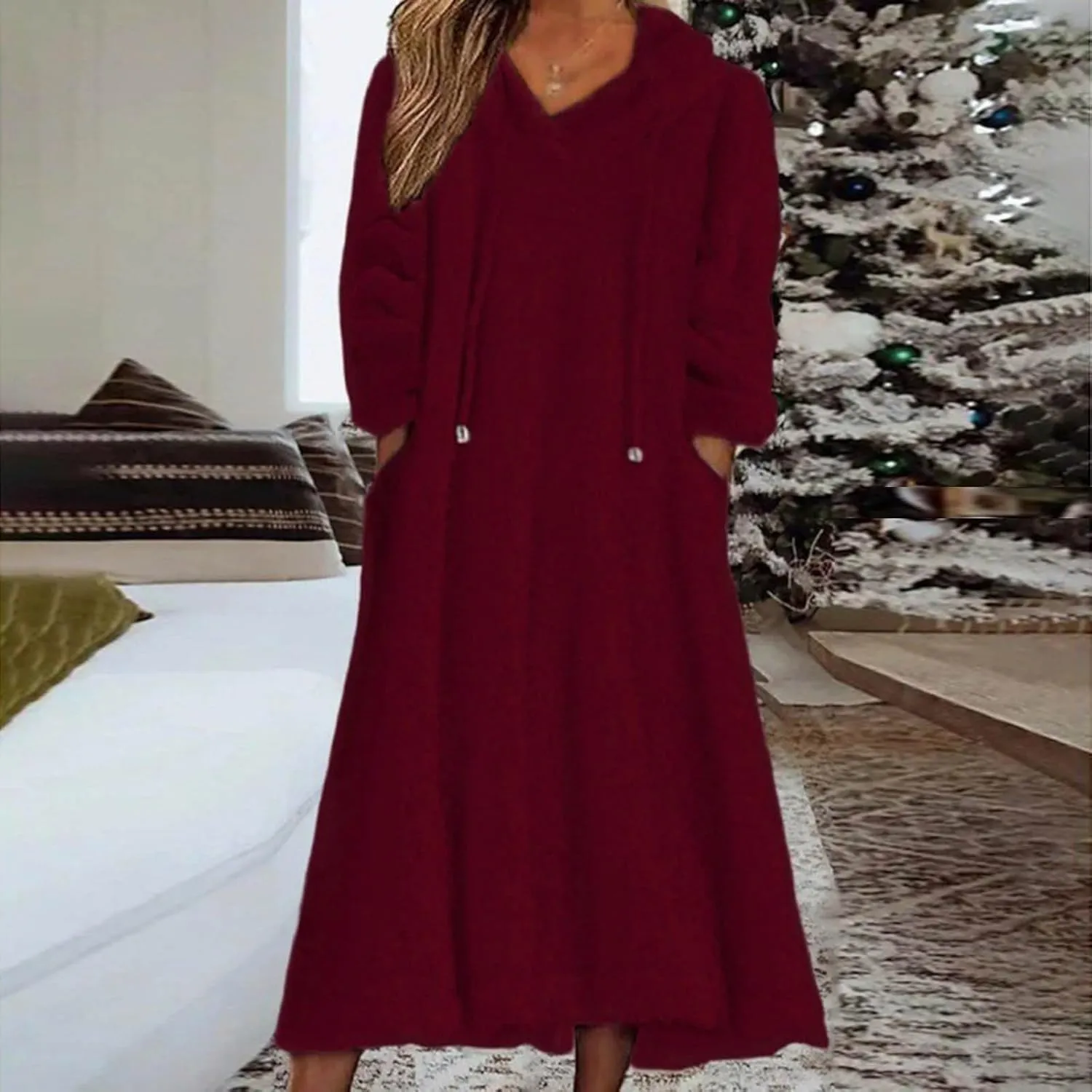Women Fuzzy Fleece Hoodie Night Dress Casual Long Sleeve Hooded House Coat Sleepwear Flannel Nightgowns with Pockets