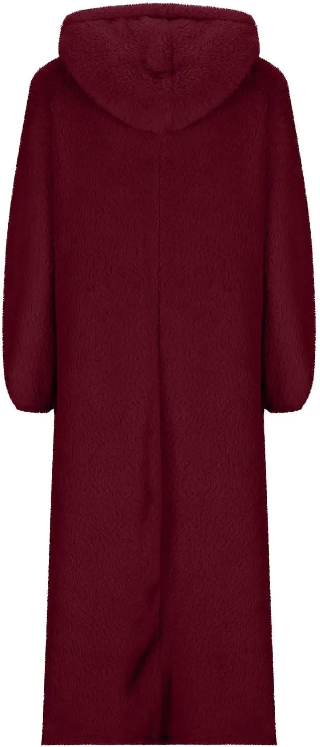Women Fuzzy Fleece Hoodie Night Dress Casual Long Sleeve Hooded House Coat Sleepwear Flannel Nightgowns with Pockets