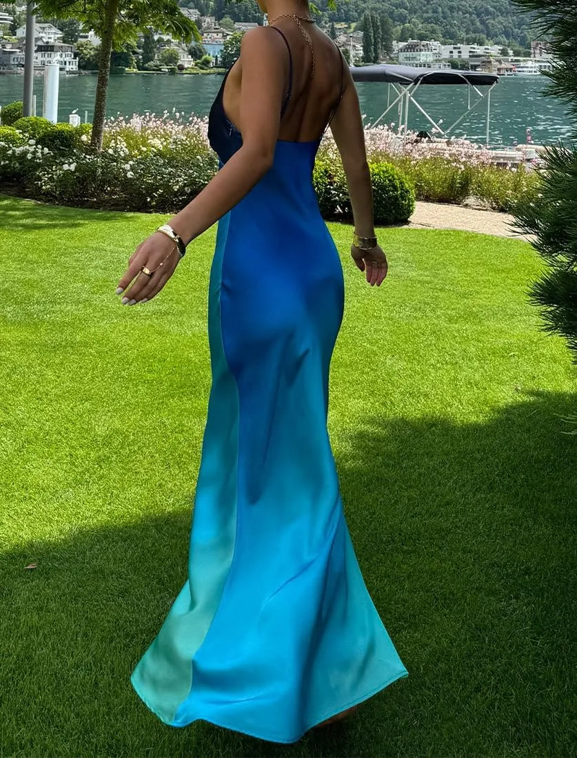 Women Ombre Satin Maxi Dress Tie Dye Sunset Dress Spaghetti Strap V Neck Backless Vacation Party Slip Dresses