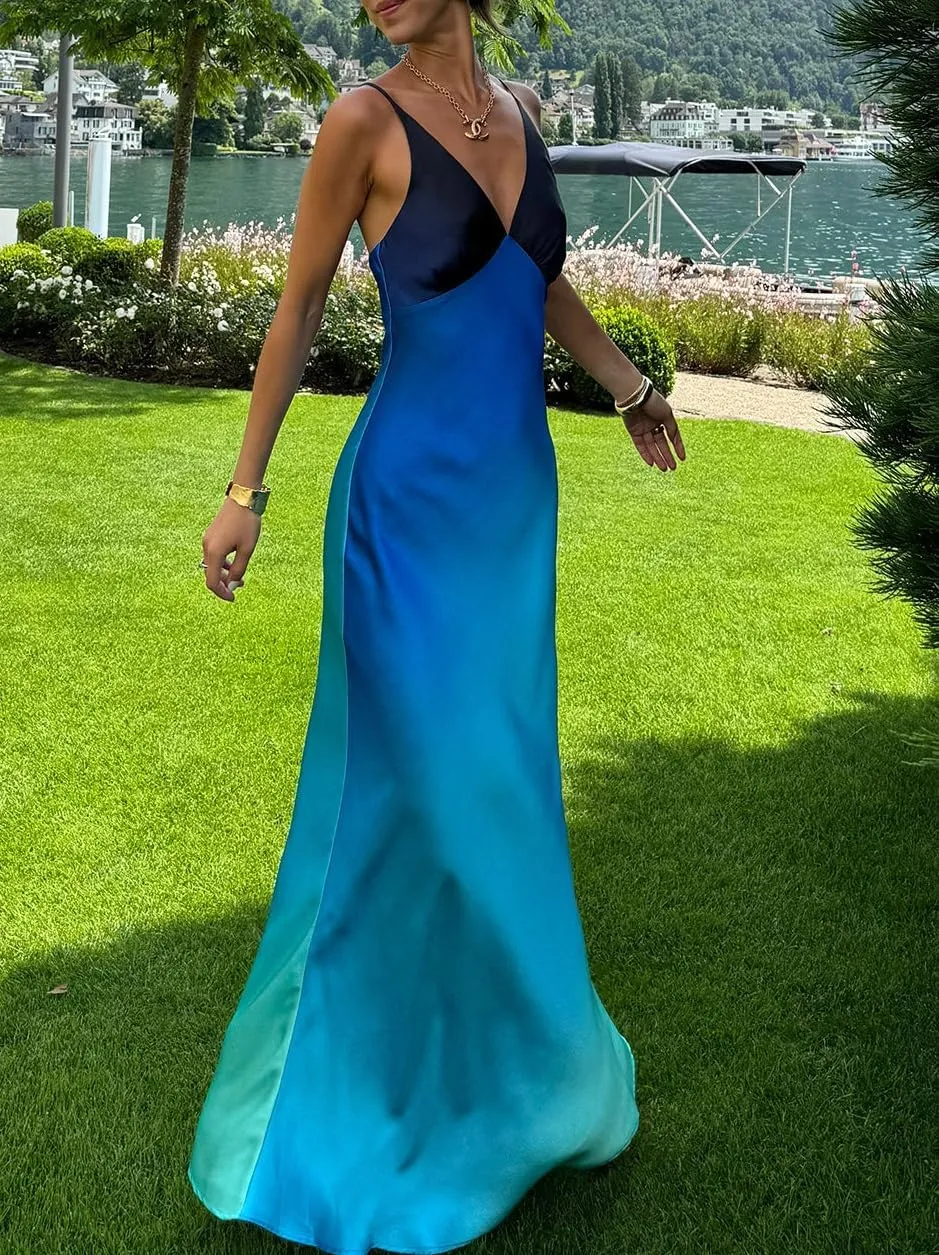 Women Ombre Satin Maxi Dress Tie Dye Sunset Dress Spaghetti Strap V Neck Backless Vacation Party Slip Dresses