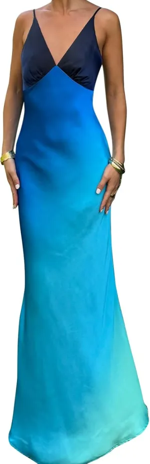 Women Ombre Satin Maxi Dress Tie Dye Sunset Dress Spaghetti Strap V Neck Backless Vacation Party Slip Dresses