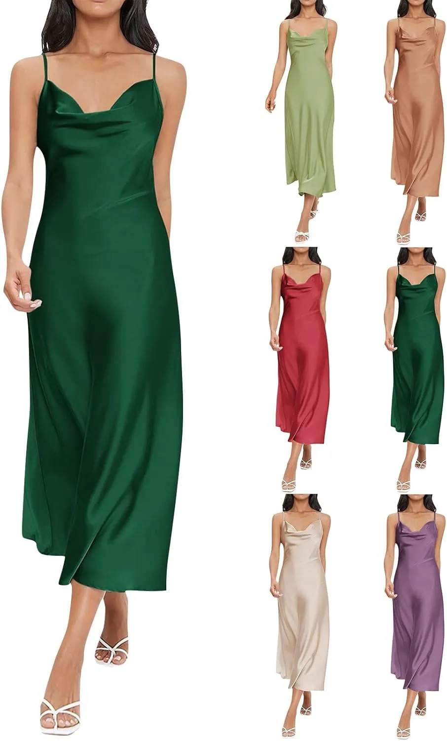 Women Satin Slip Midi Dress Cowl Neck Spaghetti Strap Silk Dress Elegant Cocktail Wedding Guest Evening Party Dresses