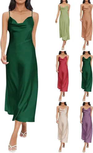 Women Satin Slip Midi Dress Cowl Neck Spaghetti Strap Silk Dress Elegant Cocktail Wedding Guest Evening Party Dresses
