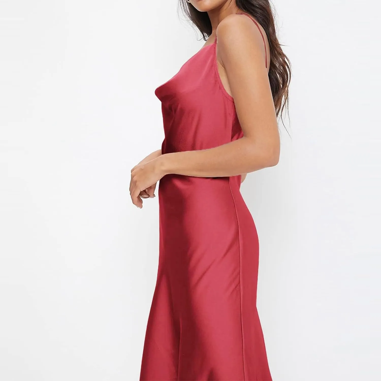 Women Satin Slip Midi Dress Cowl Neck Spaghetti Strap Silk Dress Elegant Cocktail Wedding Guest Evening Party Dresses