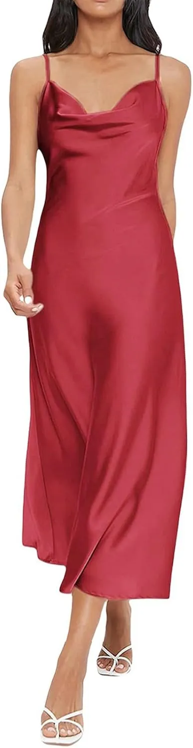 Women Satin Slip Midi Dress Cowl Neck Spaghetti Strap Silk Dress Elegant Cocktail Wedding Guest Evening Party Dresses