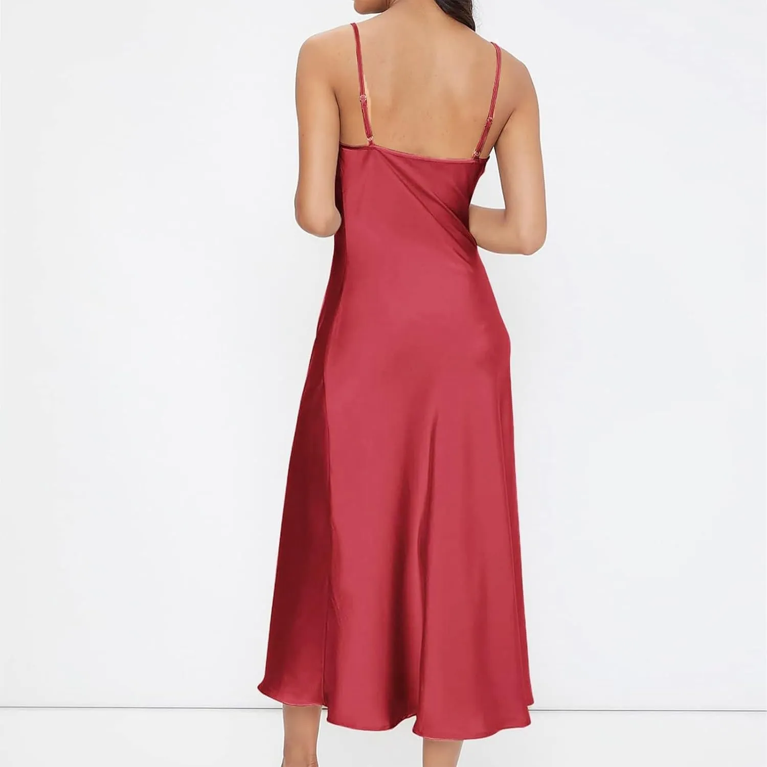 Women Satin Slip Midi Dress Cowl Neck Spaghetti Strap Silk Dress Elegant Cocktail Wedding Guest Evening Party Dresses
