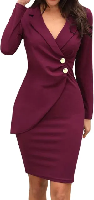 Women's Blazer Dress Long Sleeve Bodycon Wrap Dresses Elegant Button Down Business Formal Work Office Dress