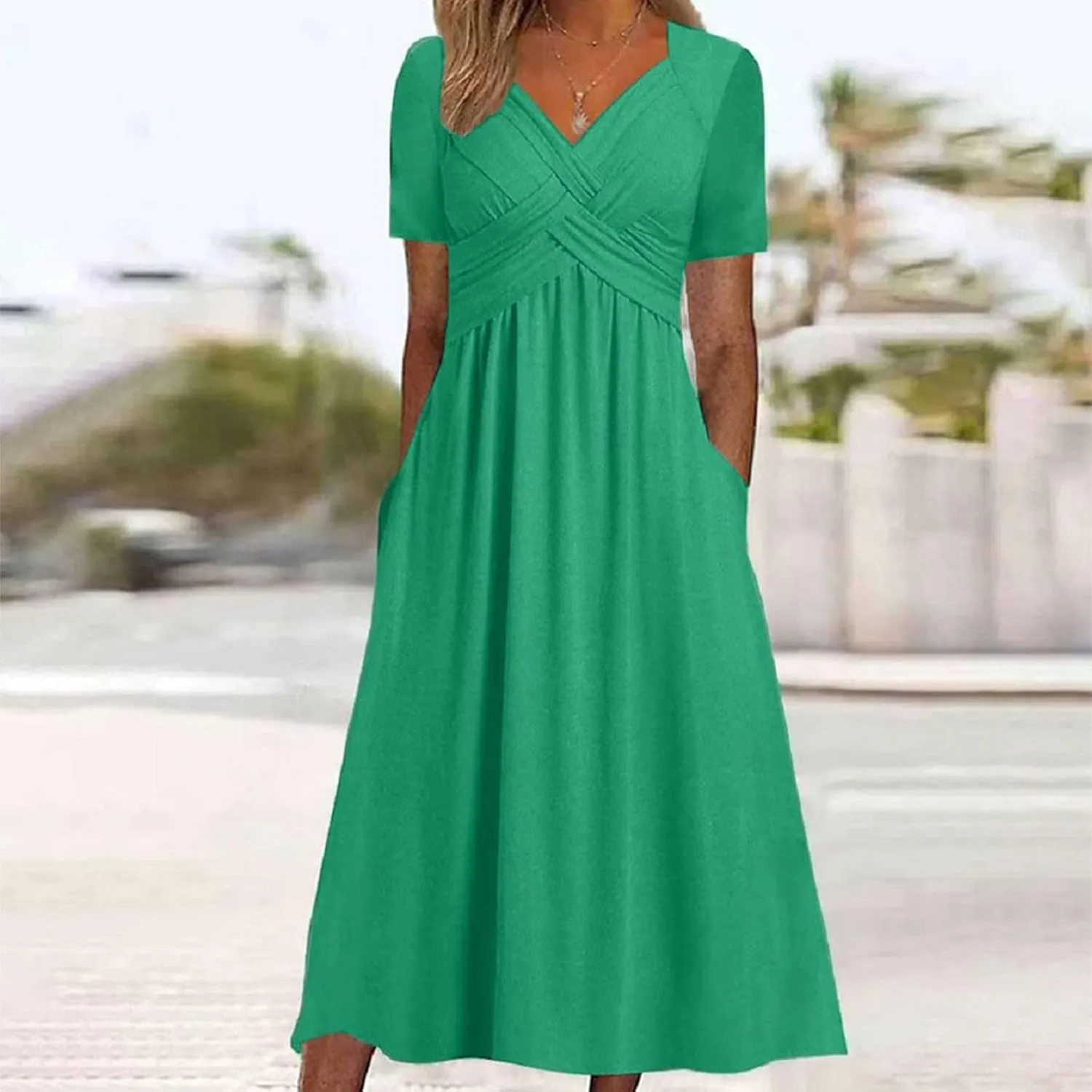 Women's Boho Floral Flowy A Line Midi Dress Casual Summer Short Sleeve Beach Vacation Dresses with Pockets