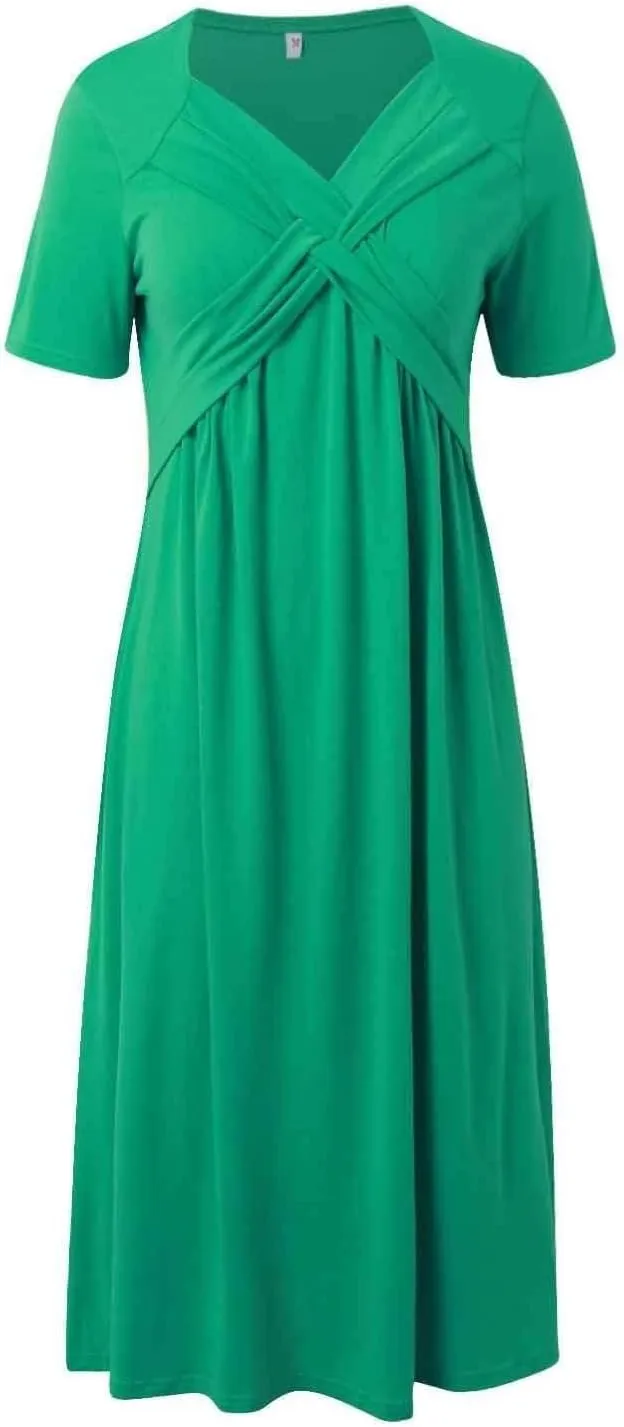 Women's Boho Floral Flowy A Line Midi Dress Casual Summer Short Sleeve Beach Vacation Dresses with Pockets