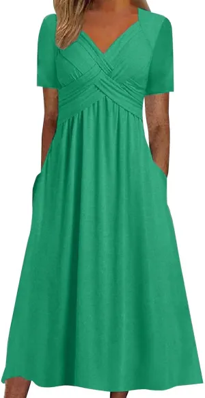 Women's Boho Floral Flowy A Line Midi Dress Casual Summer Short Sleeve Beach Vacation Dresses with Pockets