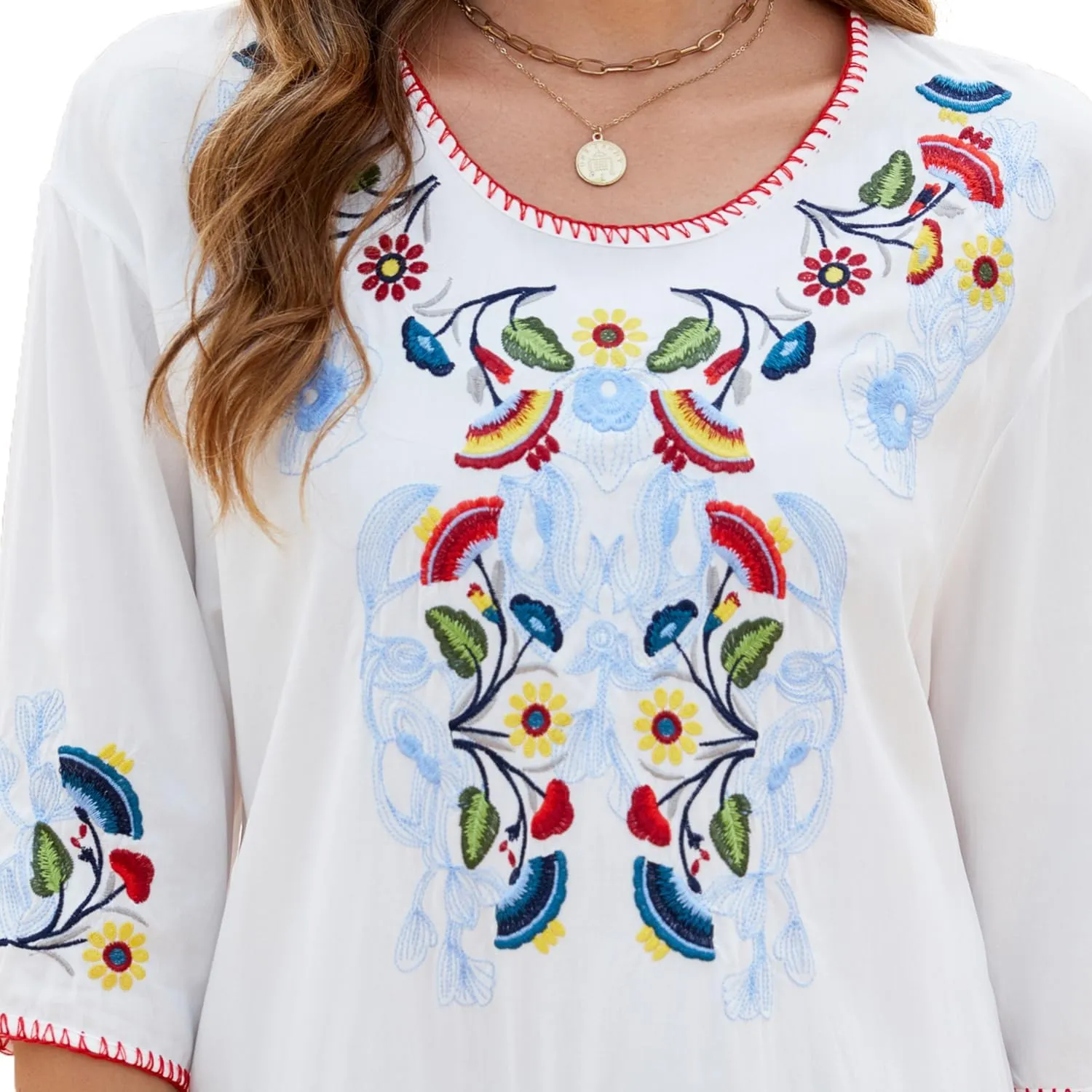 Women's Embroidered Tops 3/4 Sleeve Mexican Blouses Shirts Round Neck Dressy Tunics Peasant Tops Loose Fit
