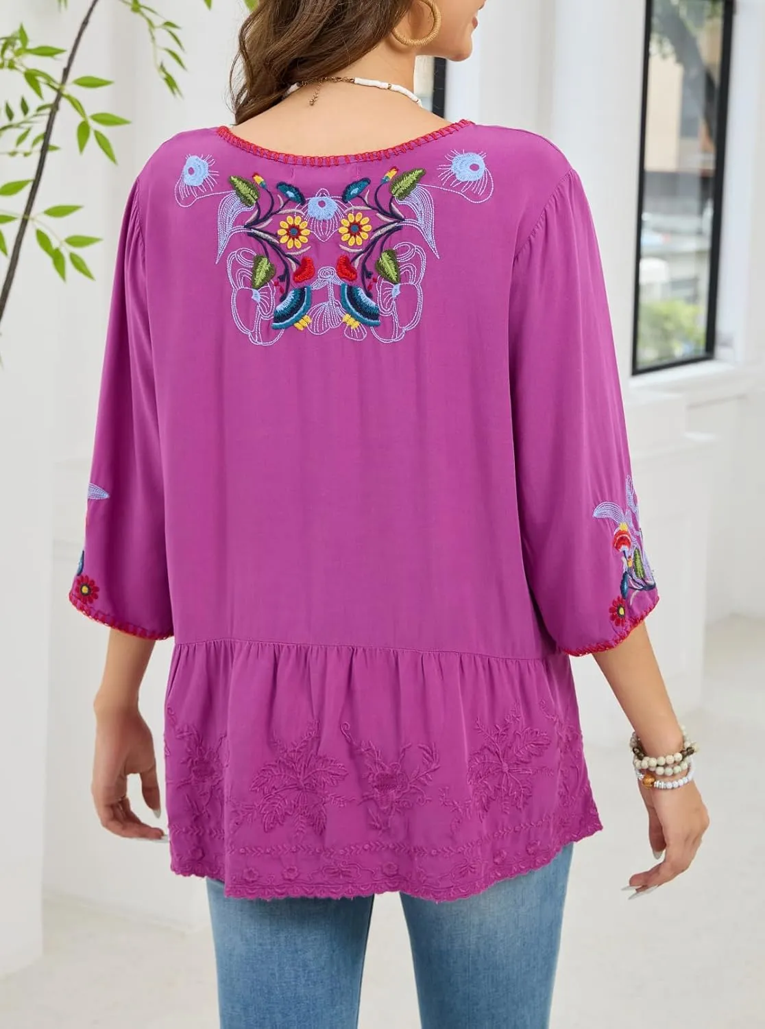 Women's Embroidered Tops 3/4 Sleeve Mexican Blouses Shirts Round Neck Dressy Tunics Peasant Tops Loose Fit