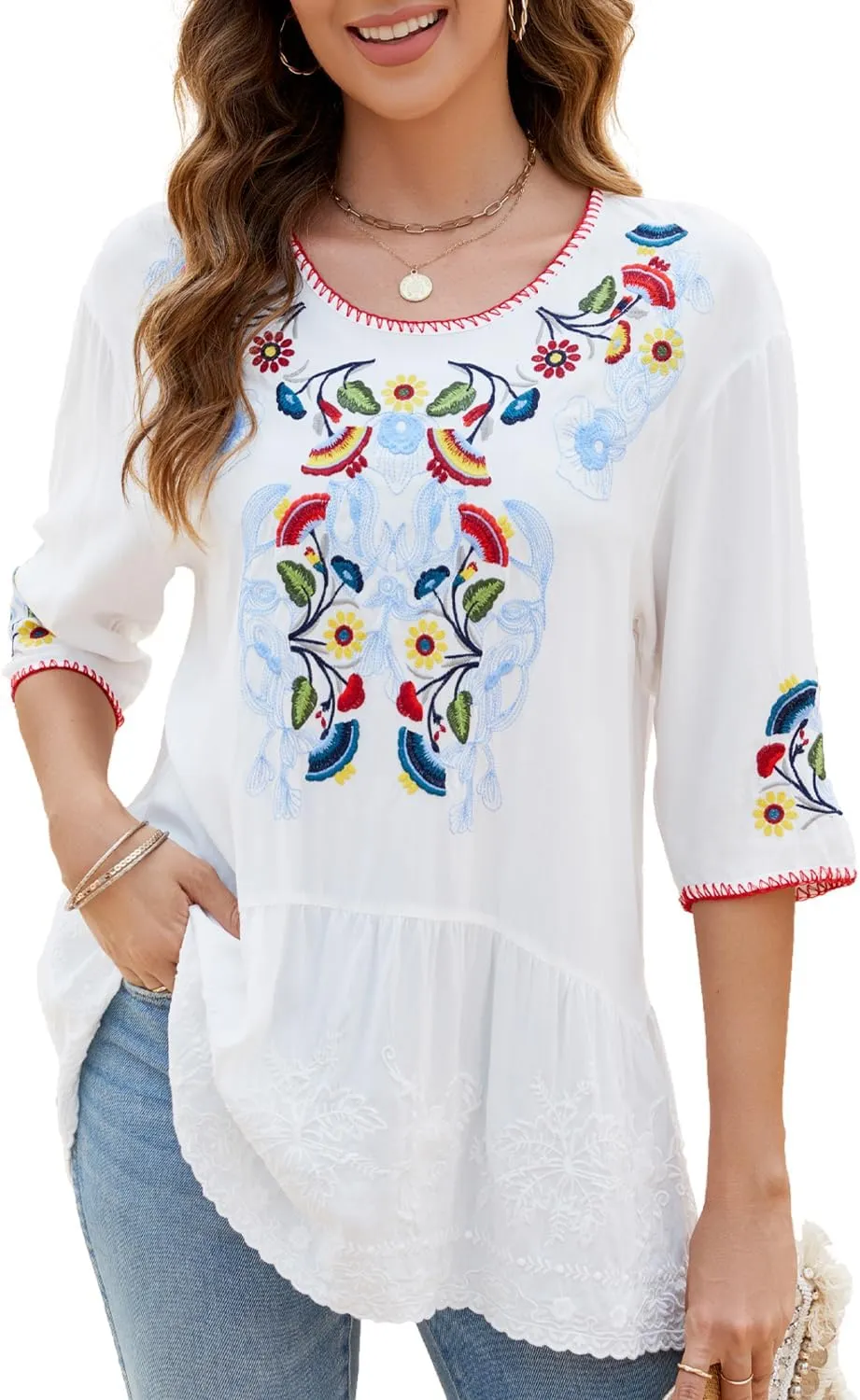 Women's Embroidered Tops 3/4 Sleeve Mexican Blouses Shirts Round Neck Dressy Tunics Peasant Tops Loose Fit