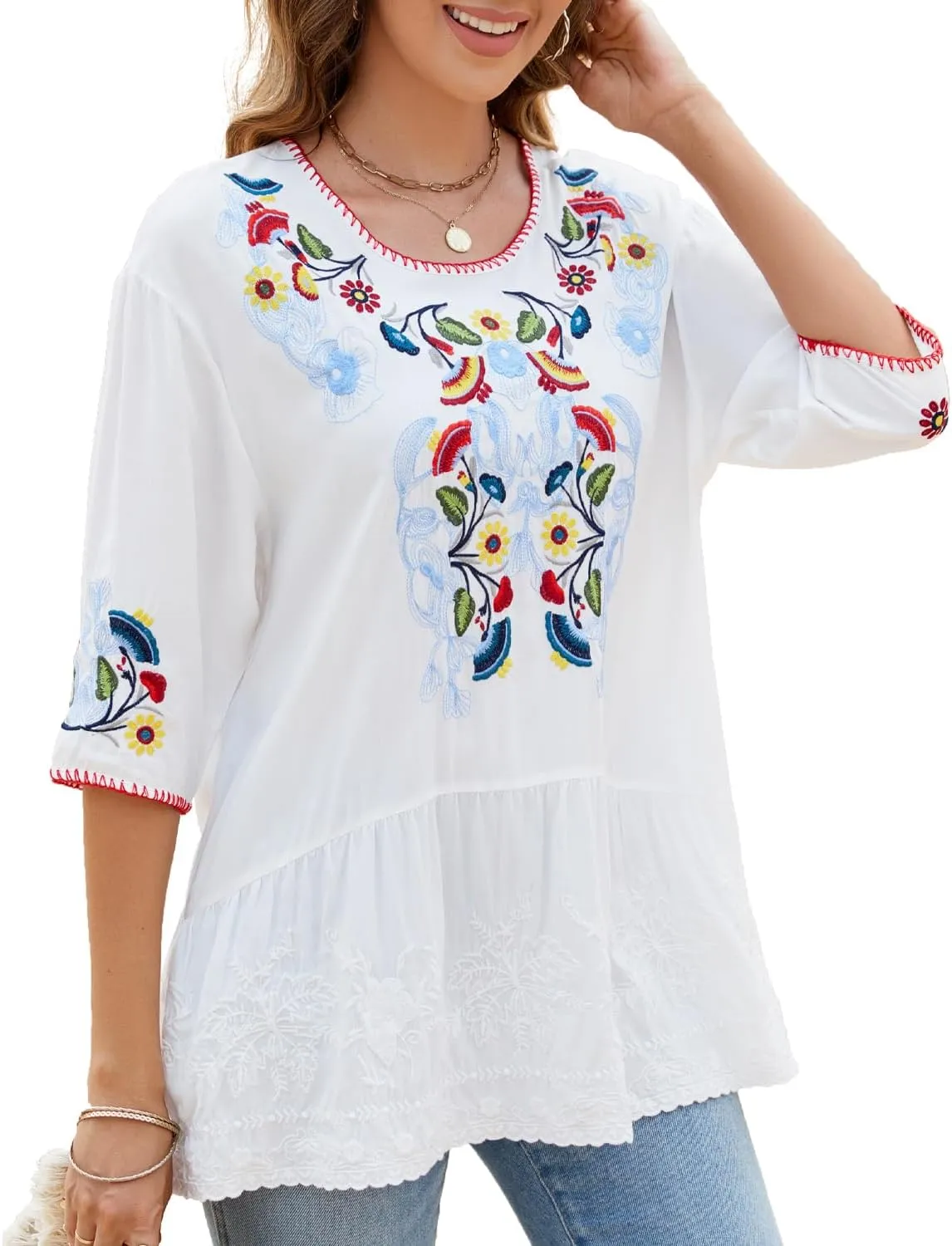 Women's Embroidered Tops 3/4 Sleeve Mexican Blouses Shirts Round Neck Dressy Tunics Peasant Tops Loose Fit