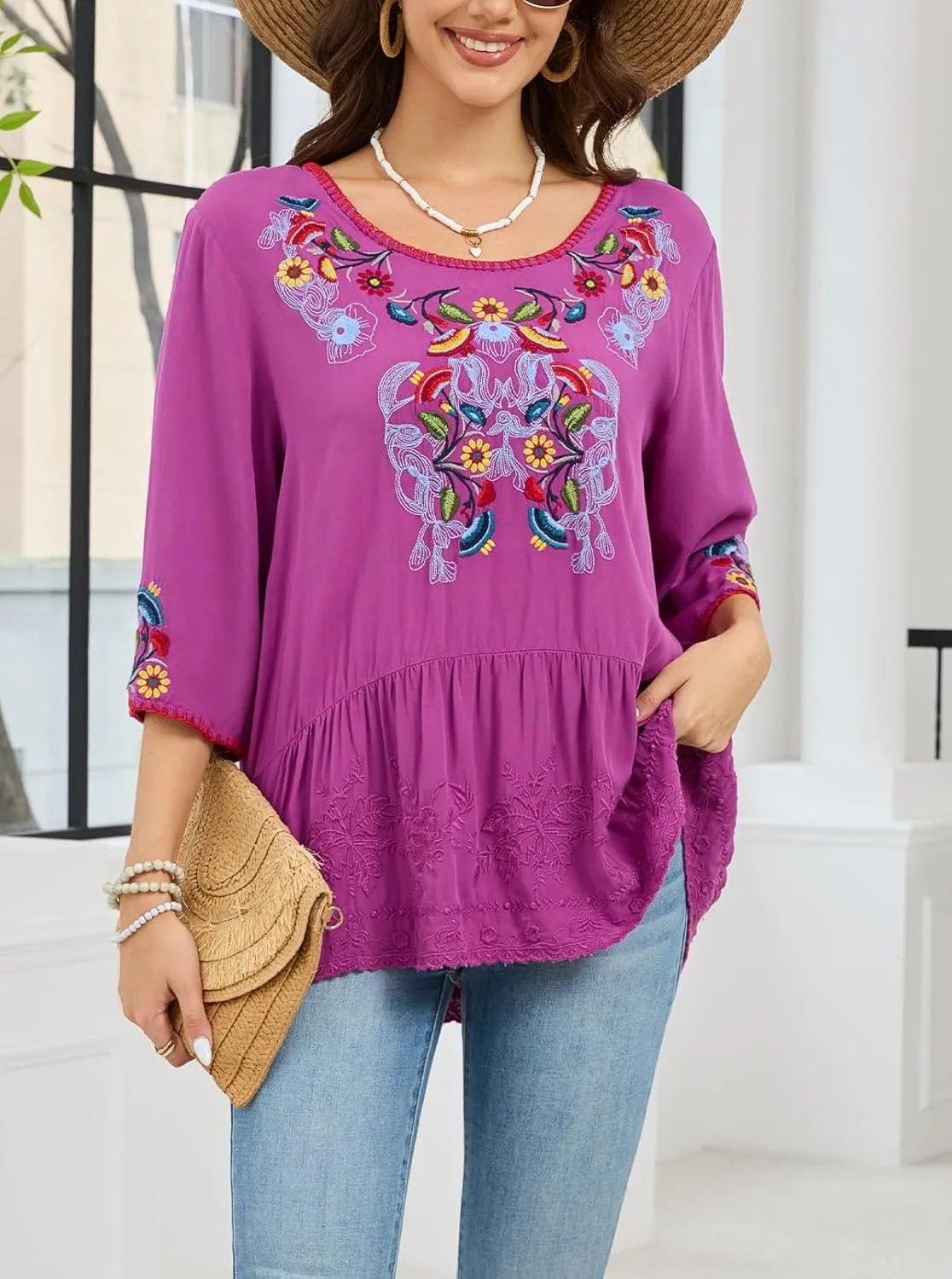 Women's Embroidered Tops 3/4 Sleeve Mexican Blouses Shirts Round Neck Dressy Tunics Peasant Tops Loose Fit