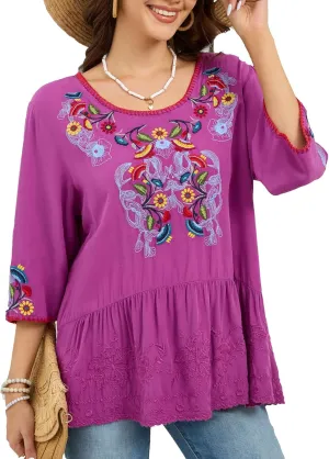 Women's Embroidered Tops 3/4 Sleeve Mexican Blouses Shirts Round Neck Dressy Tunics Peasant Tops Loose Fit