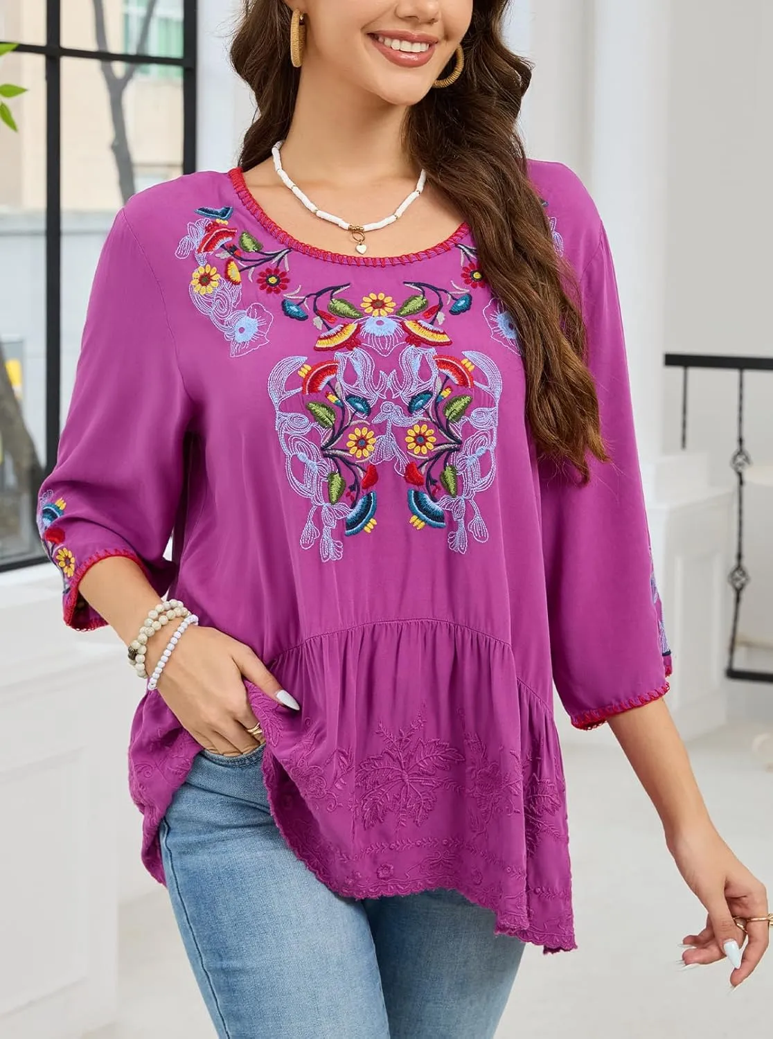 Women's Embroidered Tops 3/4 Sleeve Mexican Blouses Shirts Round Neck Dressy Tunics Peasant Tops Loose Fit