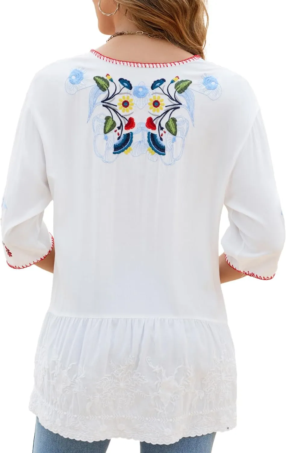 Women's Embroidered Tops 3/4 Sleeve Mexican Blouses Shirts Round Neck Dressy Tunics Peasant Tops Loose Fit
