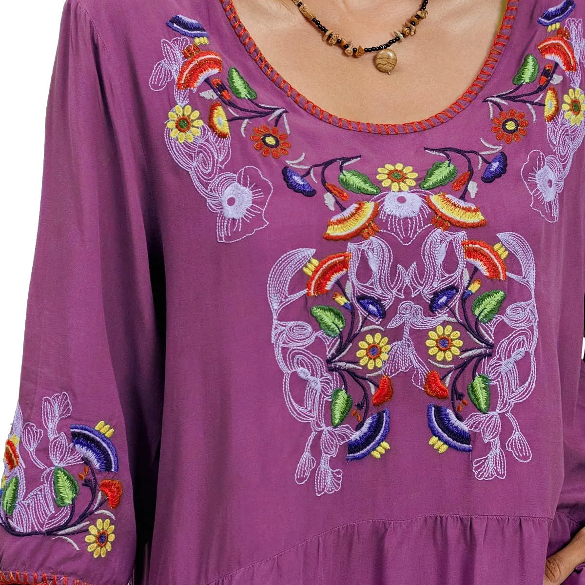 Women's Embroidered Tops 3/4 Sleeve Mexican Blouses Shirts Round Neck Dressy Tunics Peasant Tops Loose Fit