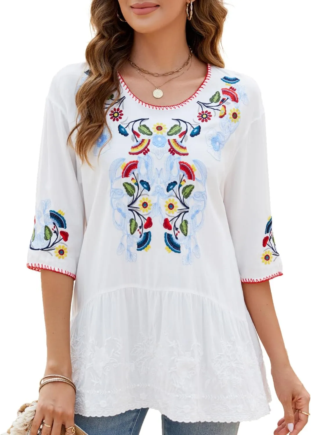 Women's Embroidered Tops 3/4 Sleeve Mexican Blouses Shirts Round Neck Dressy Tunics Peasant Tops Loose Fit