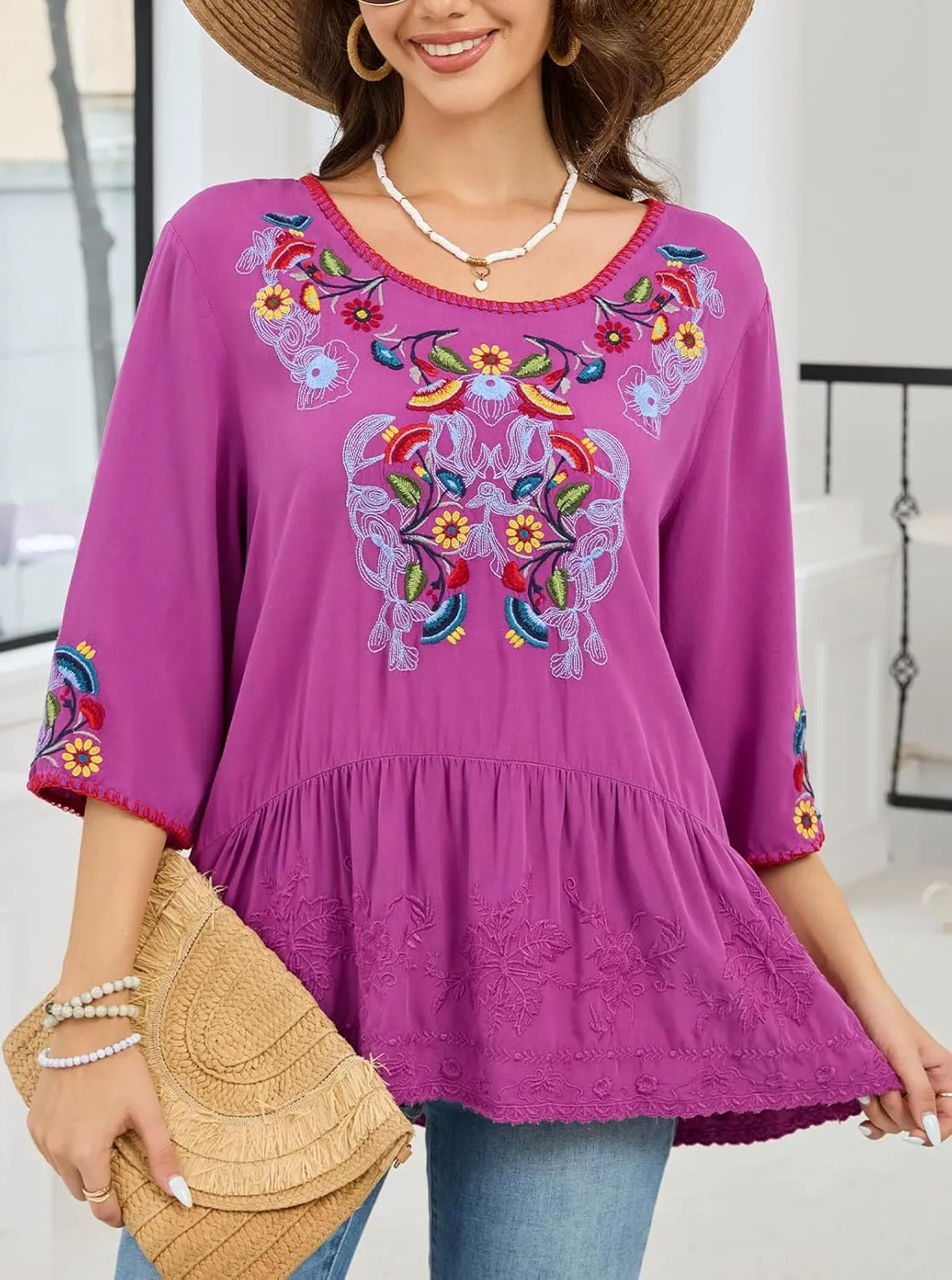 Women's Embroidered Tops 3/4 Sleeve Mexican Blouses Shirts Round Neck Dressy Tunics Peasant Tops Loose Fit