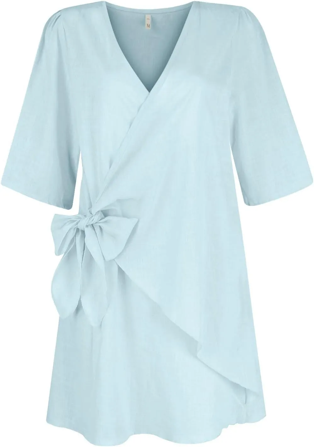 Womens Linen Mini Dress Summer Cross V-Neck Half Sleeve Dresses Casual Lightweight Wrap Tie Waist Bodycon Dresses