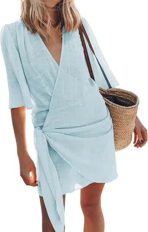 Womens Linen Mini Dress Summer Cross V-Neck Half Sleeve Dresses Casual Lightweight Wrap Tie Waist Bodycon Dresses