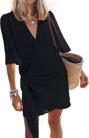 Womens Linen Mini Dress Summer Cross V-Neck Half Sleeve Dresses Casual Lightweight Wrap Tie Waist Bodycon Dresses