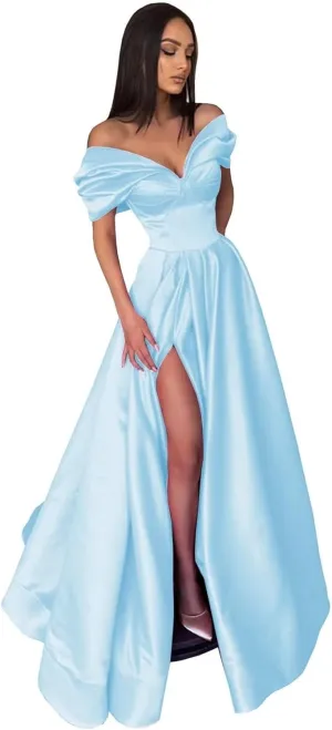 Women's Off The Shoulder Satin Prom Dress with Pockets Long Backless A-Line Formal Evening Gowns with Slit