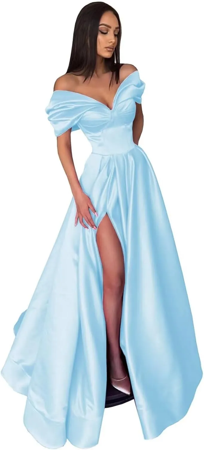 Women's Off The Shoulder Satin Prom Dress with Pockets Long Backless A-Line Formal Evening Gowns with Slit