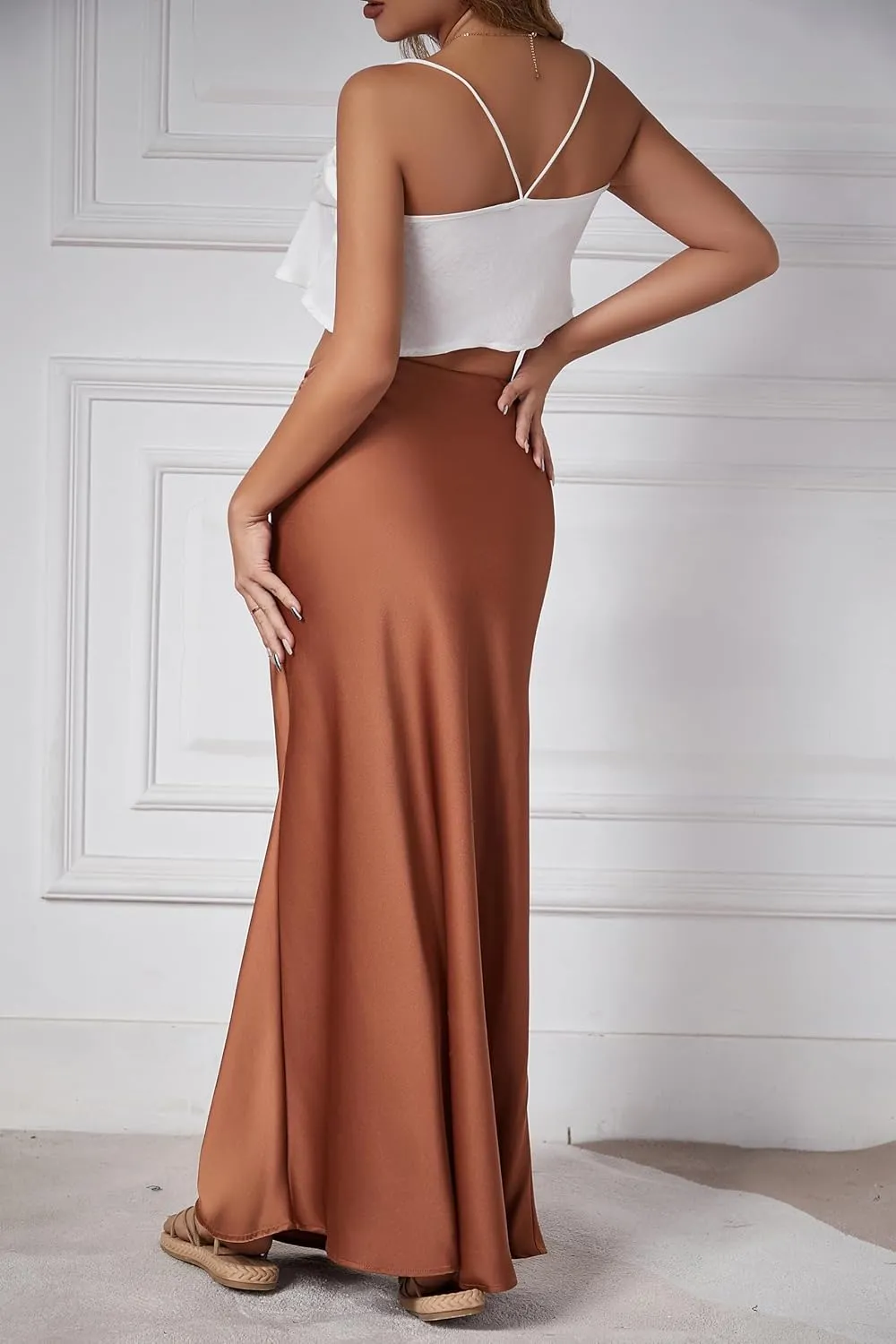 Womens Satin Maxi Skirt High Waisted Silk Elegant A Line Cocktail Party Long Skirts