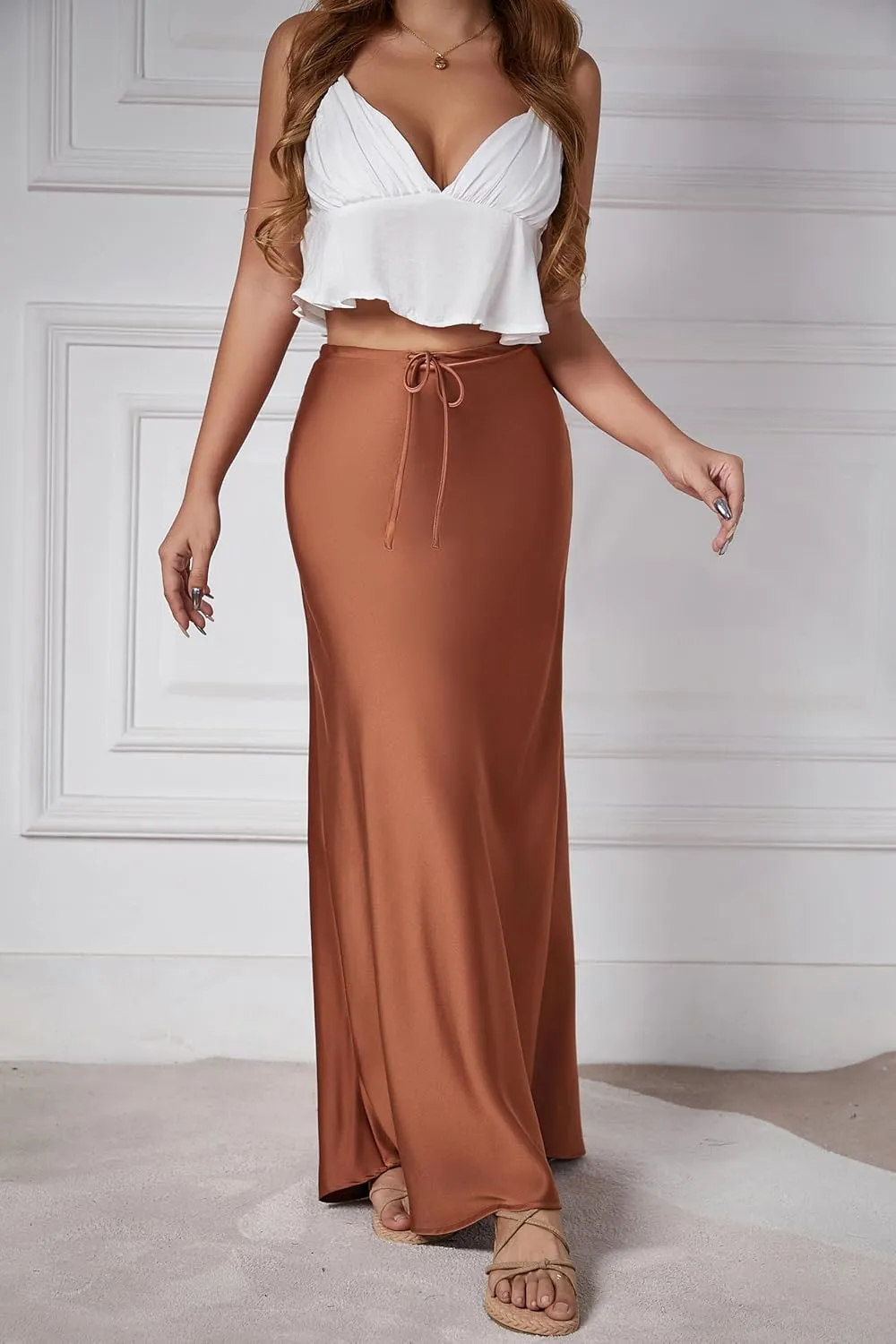 Womens Satin Maxi Skirt High Waisted Silk Elegant A Line Cocktail Party Long Skirts