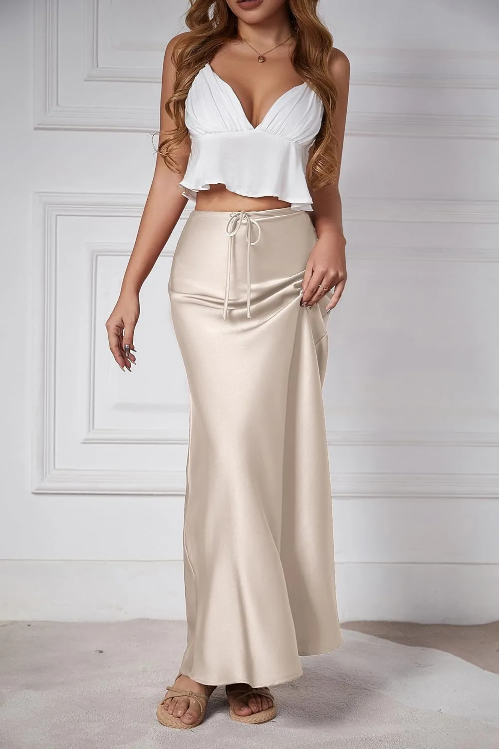 Womens Satin Maxi Skirt High Waisted Silk Elegant A Line Cocktail Party Long Skirts