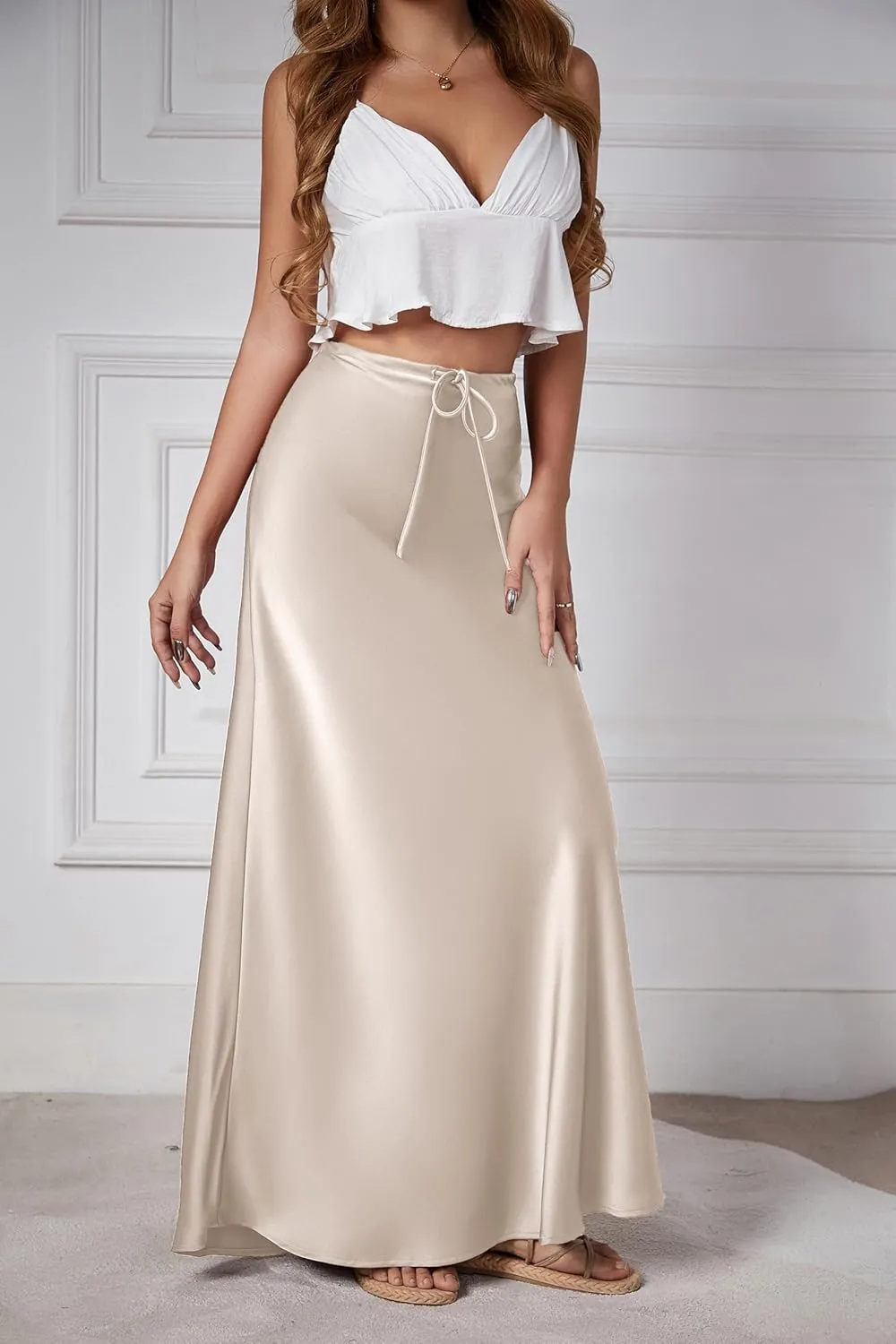 Womens Satin Maxi Skirt High Waisted Silk Elegant A Line Cocktail Party Long Skirts